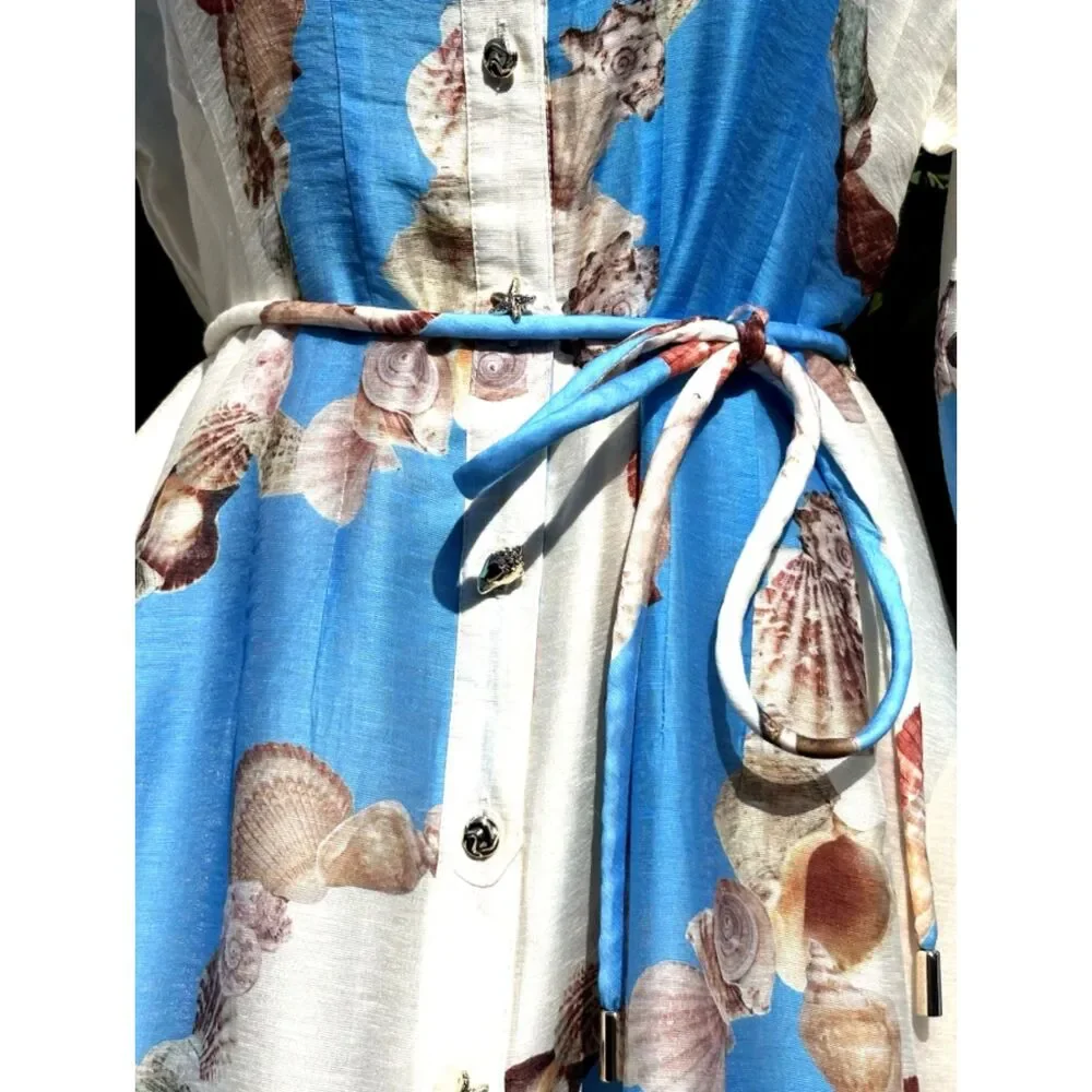 Caroline Constas Sea Shell Print Midi Dress Small Blue White Beach Coastal NWT